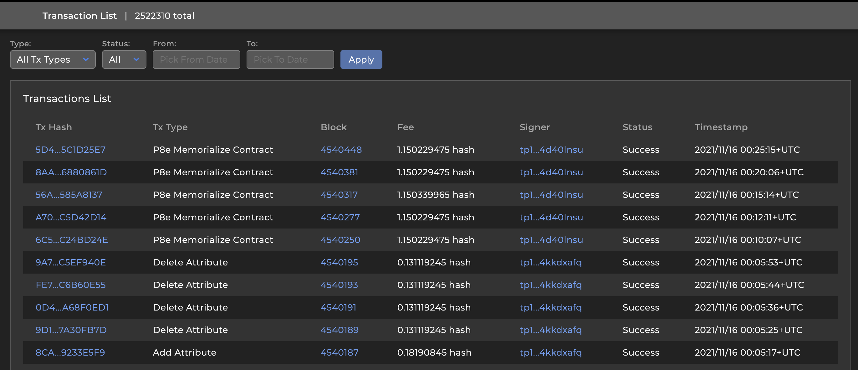 A list of the most recent transactions committed to the blockchain