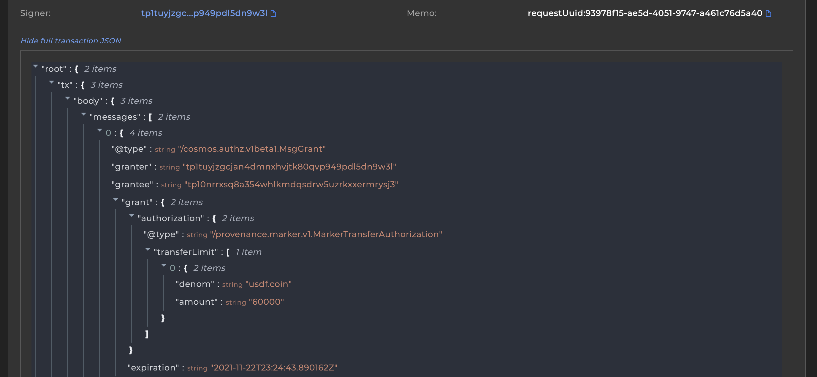 Collapsible box showing the full JSON for a transaction